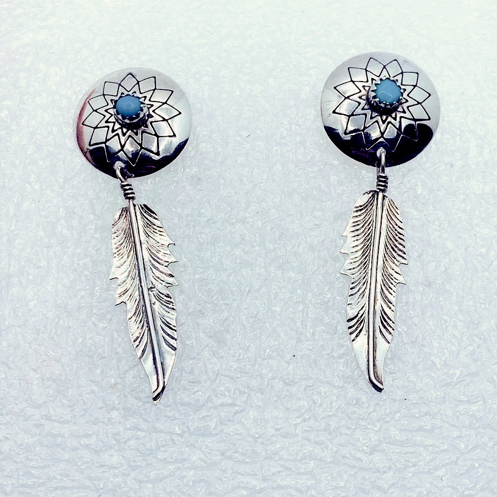 Vtg Navajo Sterling Turquoise Feather Dangle Star Design Stud Earrings 2.1”